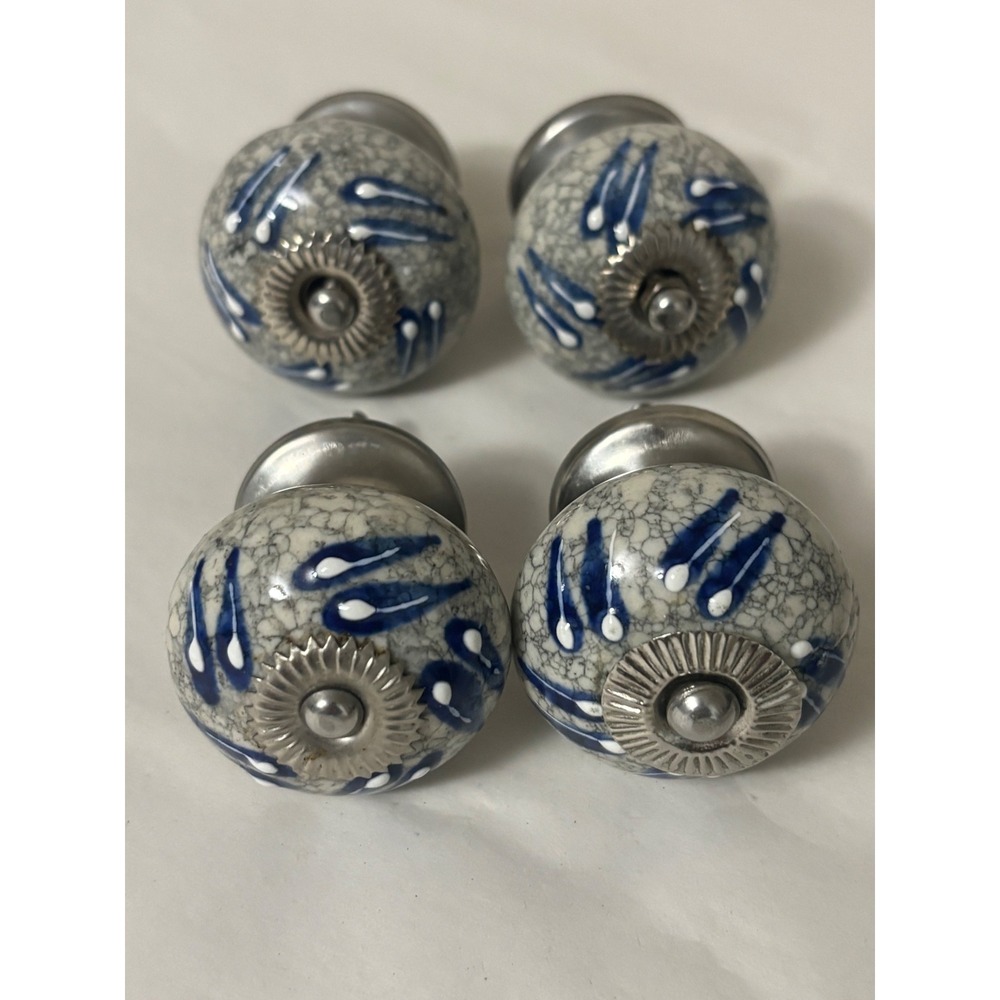 Set of 4 Blue Grey Crackle Glaze Ceramic Drawer Knobs Boho Cabinet Pulls 1.5"